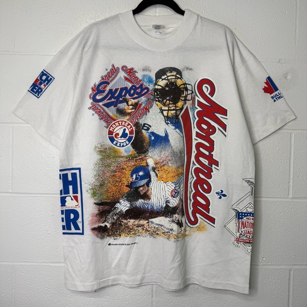 Vintage 90s Montreal Expos MLB Baseball Bulletin All Over Print T-Shirt Sz XL